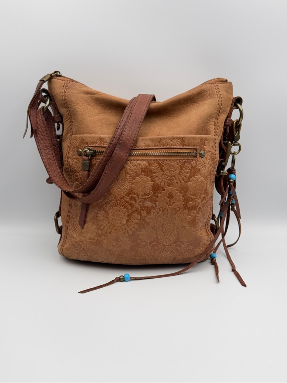 The Sak Ashland Leather Crossbody Bag Tobacco Floral Embossed Antique Brass